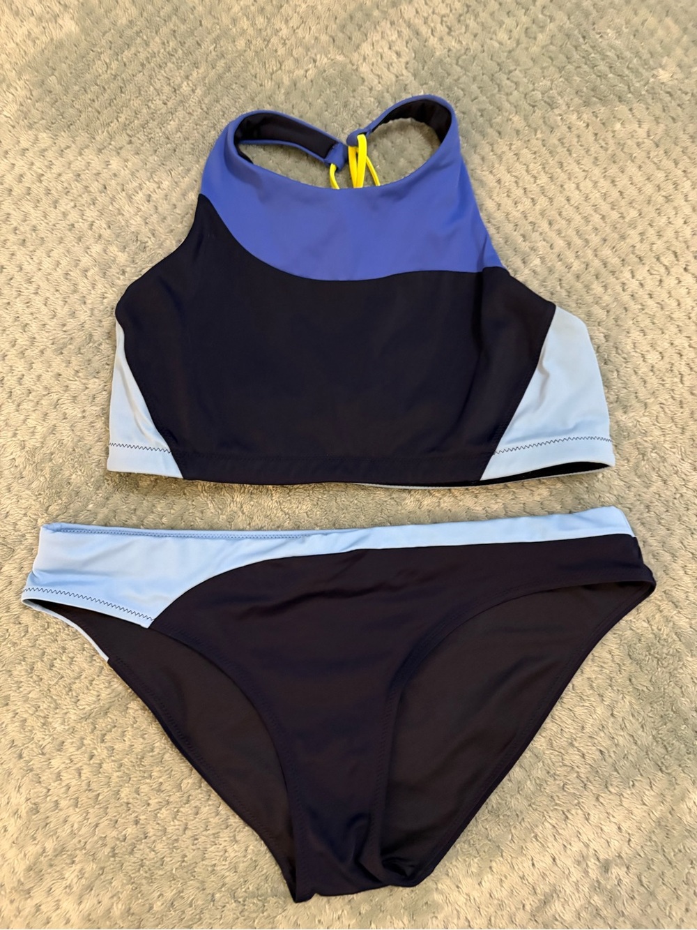 Athleta Freestyle Blue Colorblock High Neck Bikini Set sz Medium